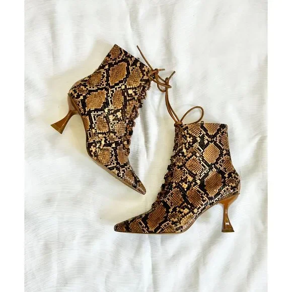 ASOS Design Tan / Brown Snake Animal Print Lace Up Kitten Heel Ankle Boots - Picture 1 of 9